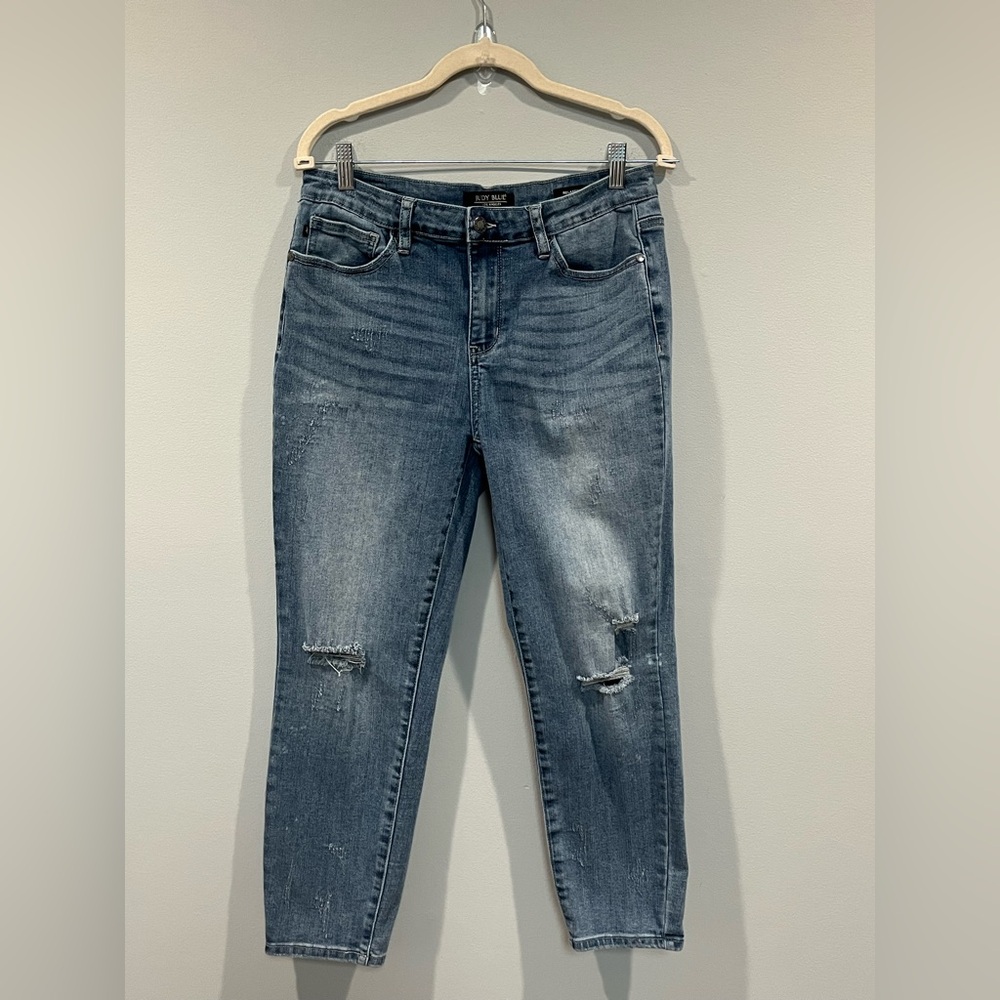 JUDY BLUE Relaxed Fit Stretch Jeans Women’s Size 32 Mid Rise Distressed Splash‎